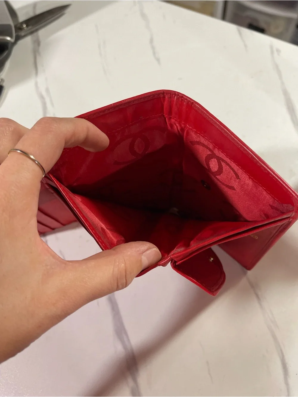 CHANEL Red Quilted Leather Wallet with Gold CC Emblem